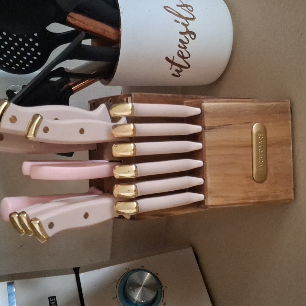 Pink and Gold Knife Set with Block
